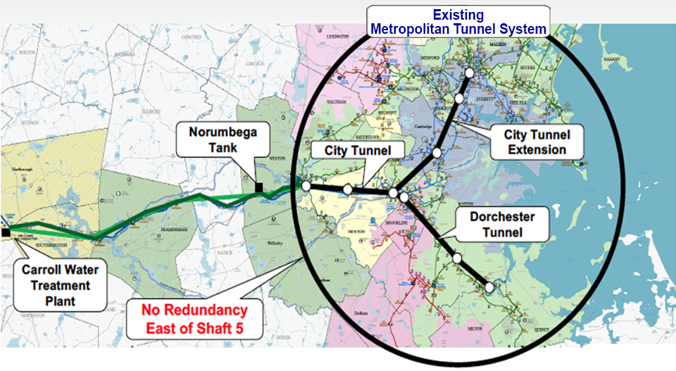 A map of the existing metropolitan tunnel system. Tunnels run from the Carroll Water Treatment Plant, forking off near there harbor into two tunnels.